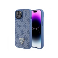 Guess Maska za iPhone 15 LEATHER 4G TRIANGLE STRASS BLUE