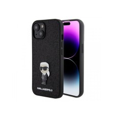 KARL LAGERFELD Maska za iPhone 15 IKONIK FIXED GLITTER IKONIK LOGO METAL PIN BLACK