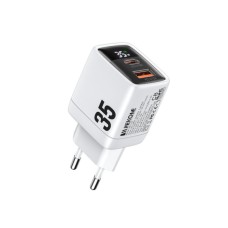 WEKOME WP-U25 Super brzi Strujni GaN Punjač, 2-porta USB (3.0 i 3.1 Tip-C) 35W, sa displejom, beli