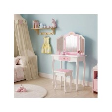 ECO TOYS Veliki deciji toaletni sto za devojcice sa trostrukim ogledalom, stolicom i fiokom, ECOTOYS